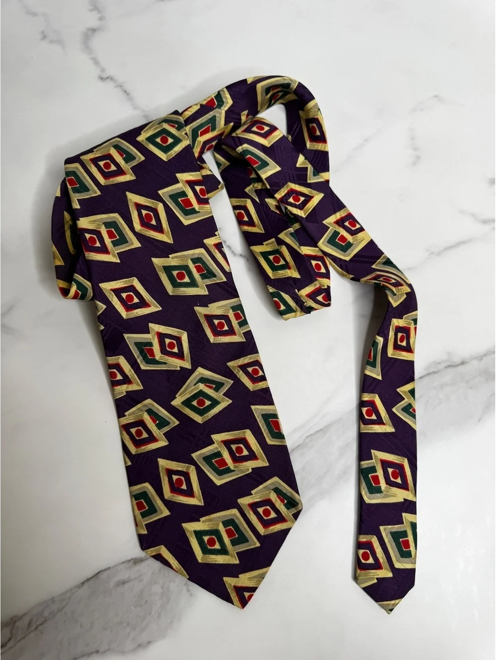 Polo Ralph Lauren Men’s 100% Silk Tie Purple Geometric Diamond Square Necktie